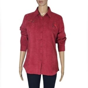 Northern Reflections Red Embroided Suede Button Down Shirt Shacket Size XS